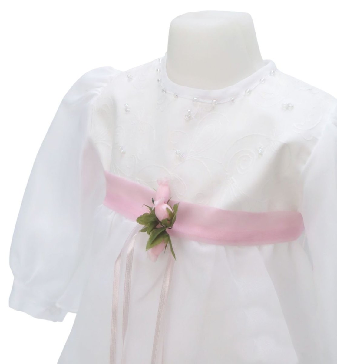 Vestido de Bautismo Manga Larga de gasa con falda de tres volados