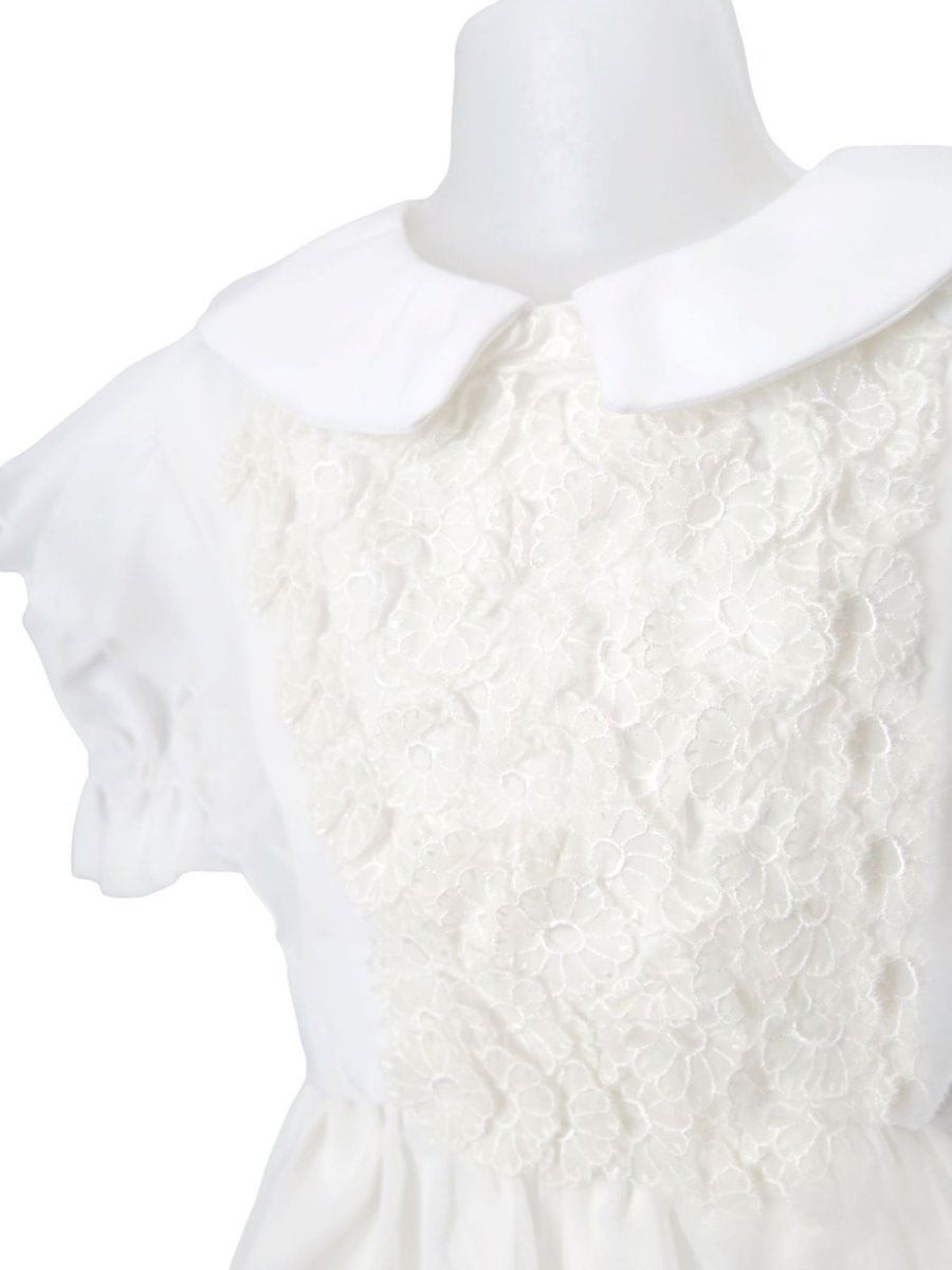 Vestido de Bautismo con cuello y Flores aplicadas en Pechera Mangas Cortas