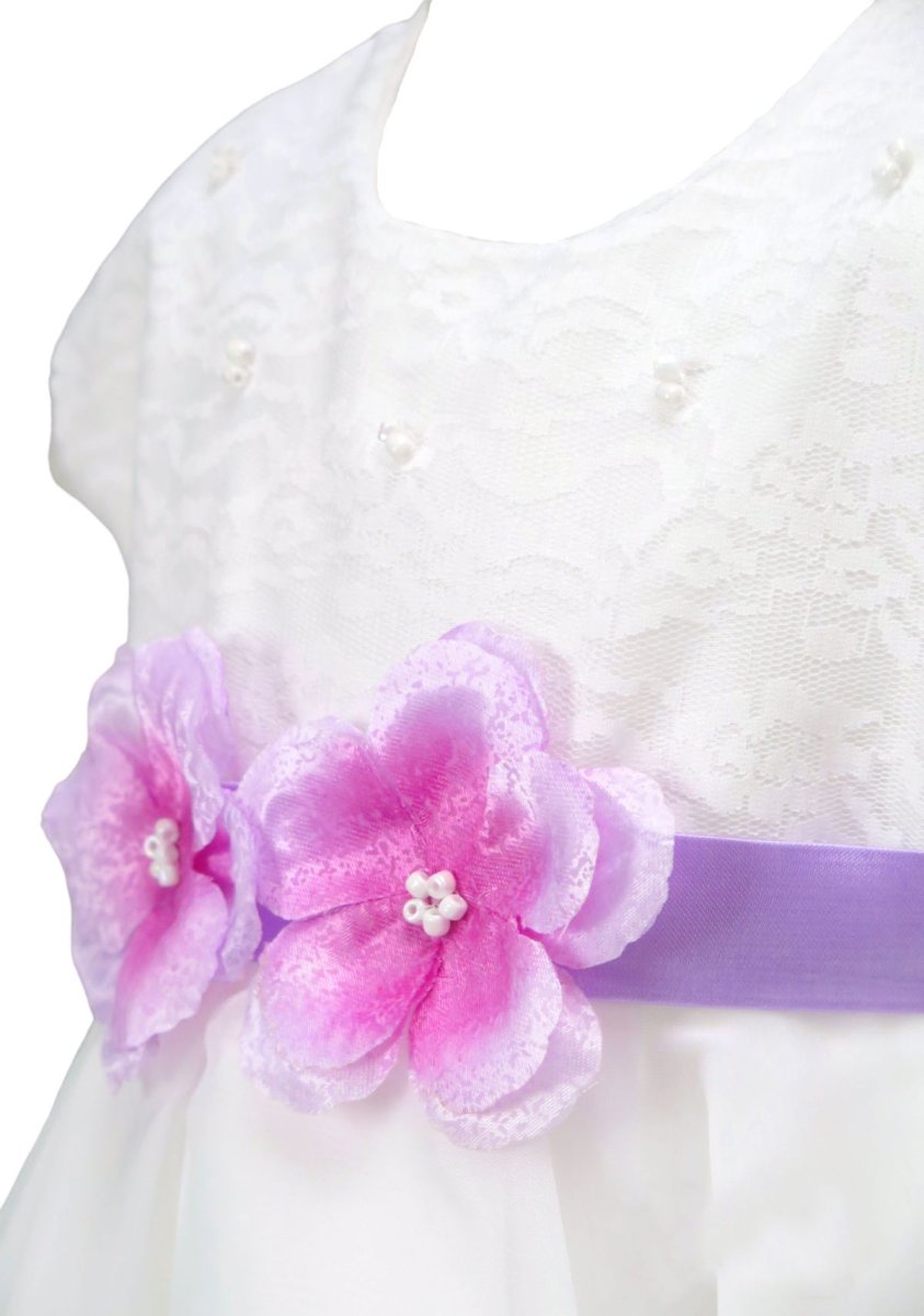 Vestido  bautismo de gasa y encaje con faja de flor Lila