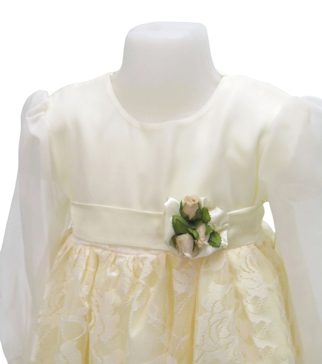 Vestido Manga Larga Con Encaje y Aplique de Flor de Bautismo