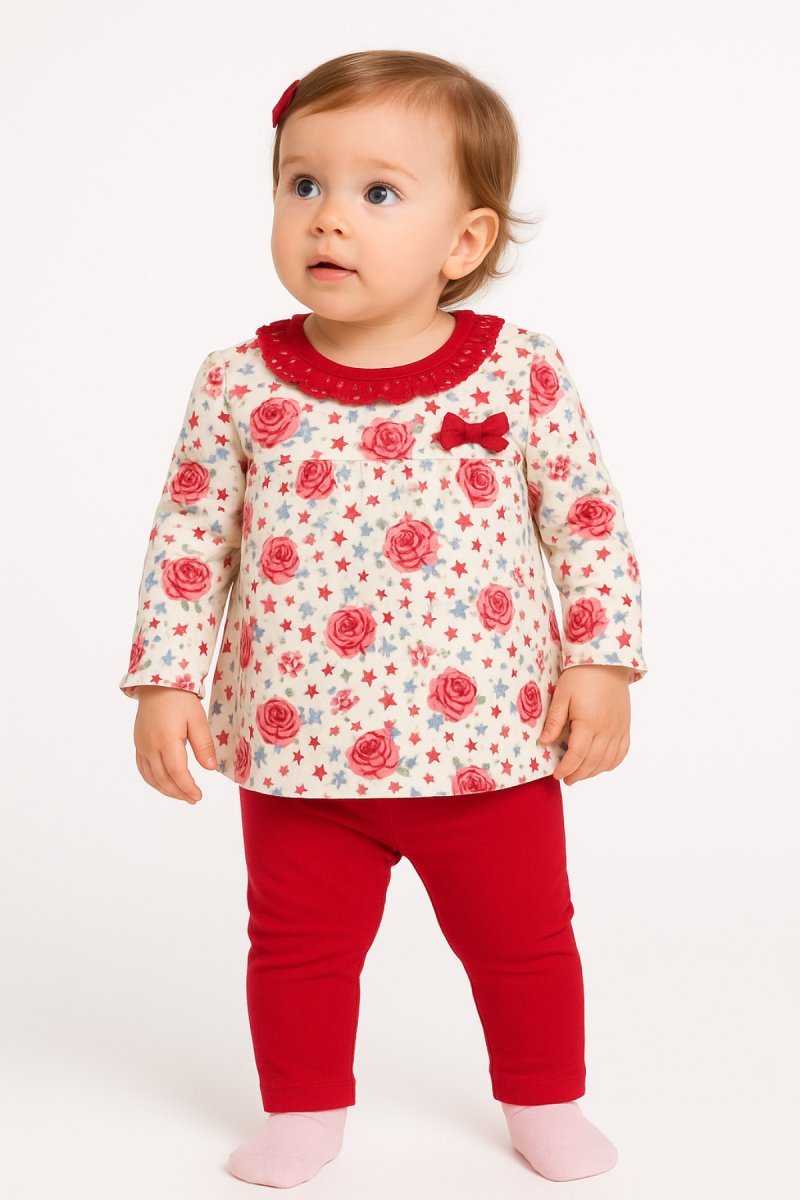 Conjunto de Algodon de Remera Manga Larga Floreada Con Pantalon Sin Pie Liso