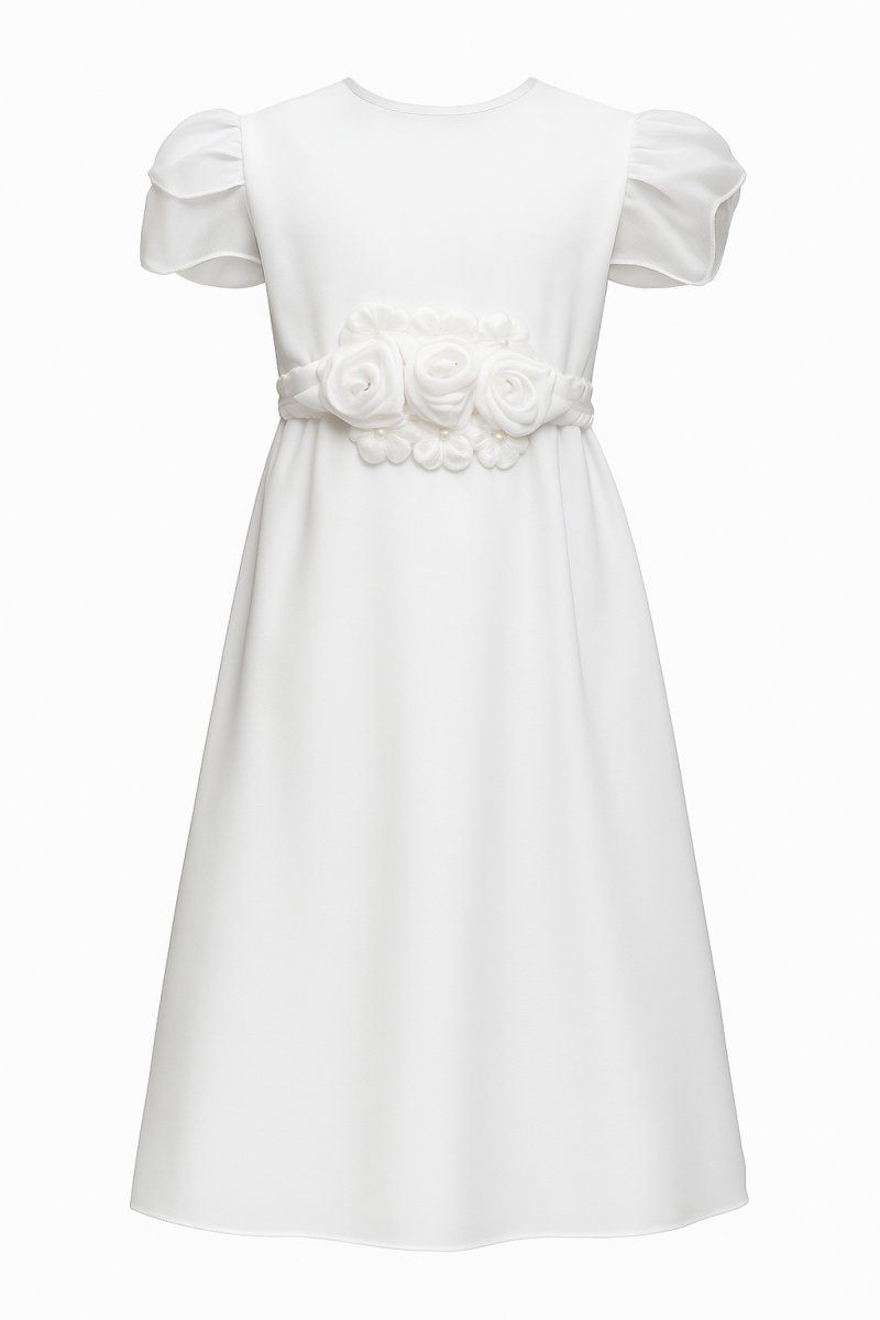 Vestido Comunion corte princesa faja organza buquet de rosas sin capa