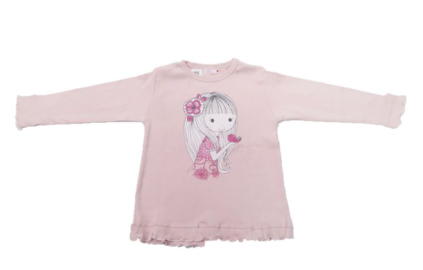 Pijama de Invierno Remera Manga Larga Estampado Nena con Pajaro y Pantalon Floreado