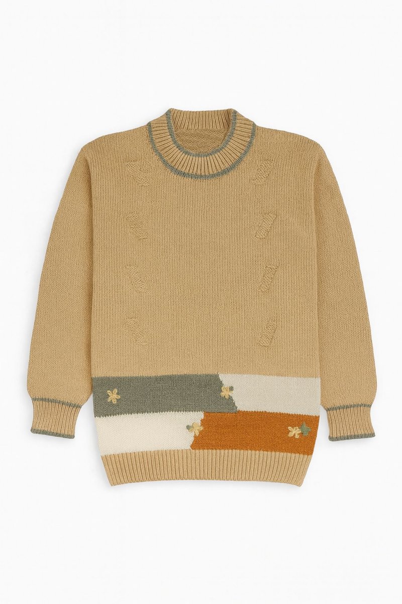 Pullover Sweater Tejido con Rayas y Flor Bordado