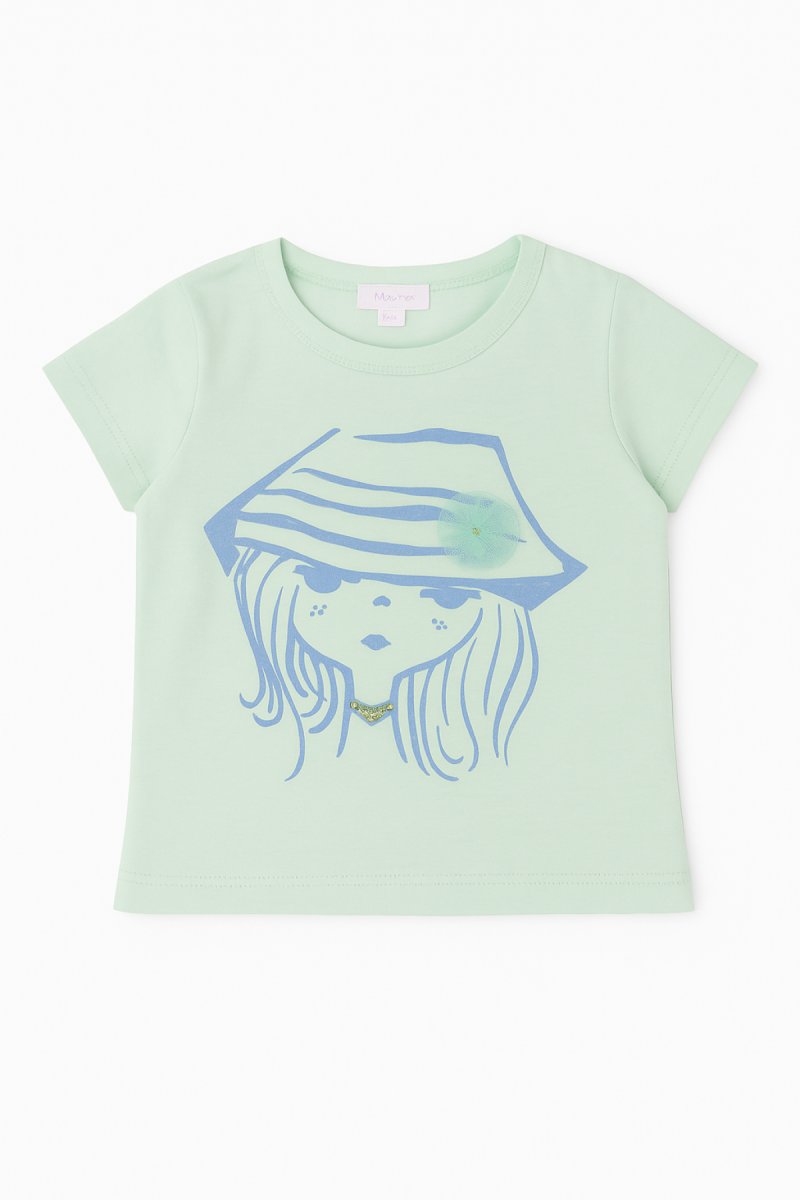 Remera Manga Corta con Estampado Nena y Aplique de Canutillos