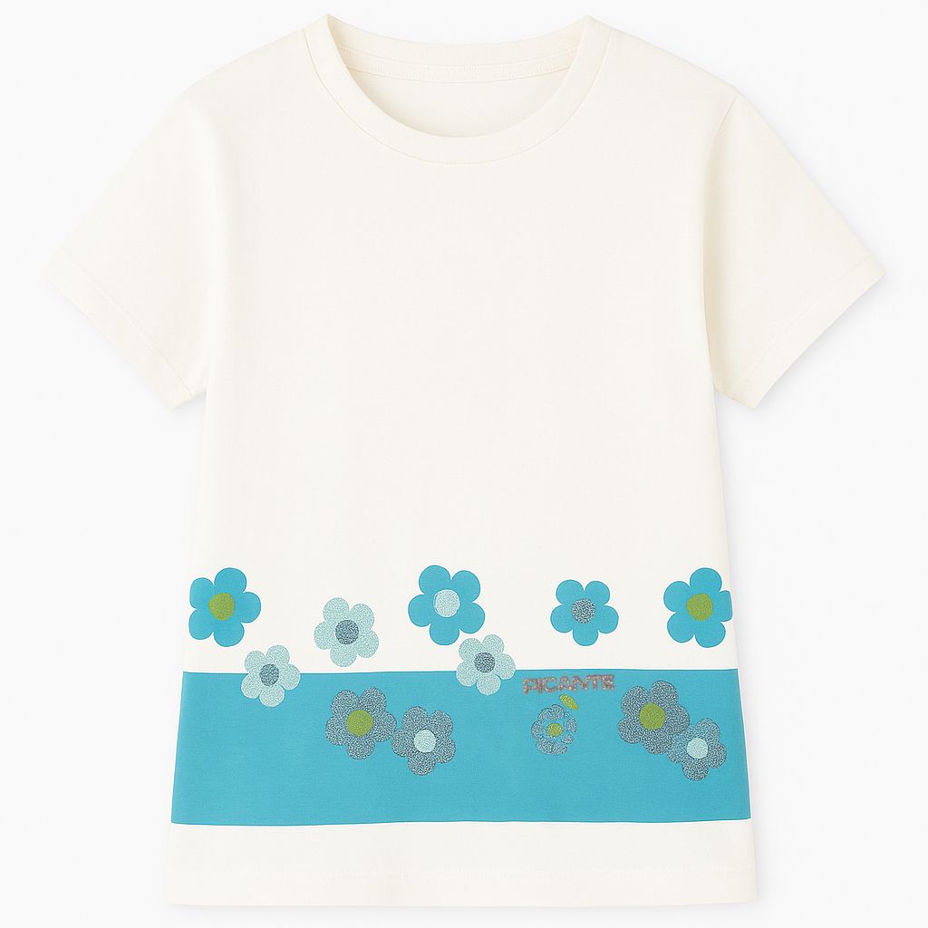 Remera Manga Corta Estampado Flores y Vaquita de San Antonio con Glitter