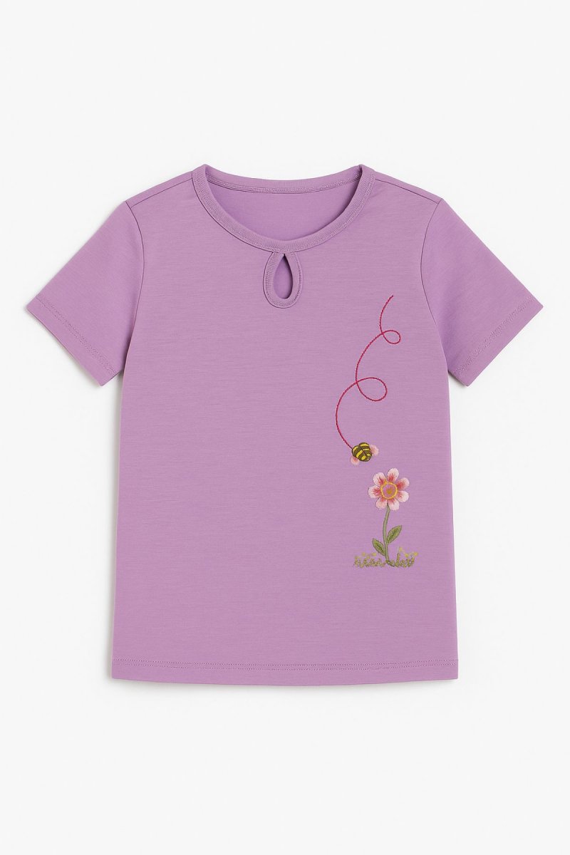 Remera Manga Corta Flor y Abeja Bordada