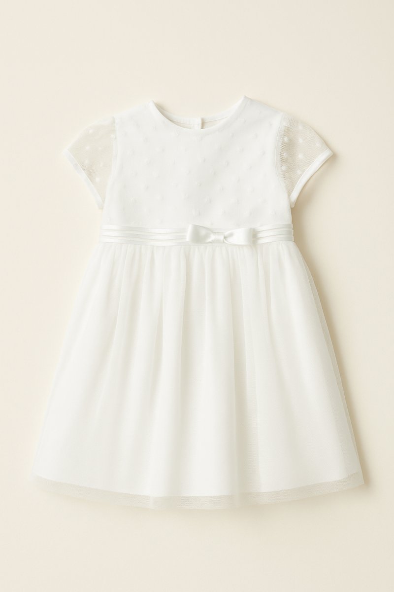 Vestido de Bautismo Tul Bordado manga corta con lazo