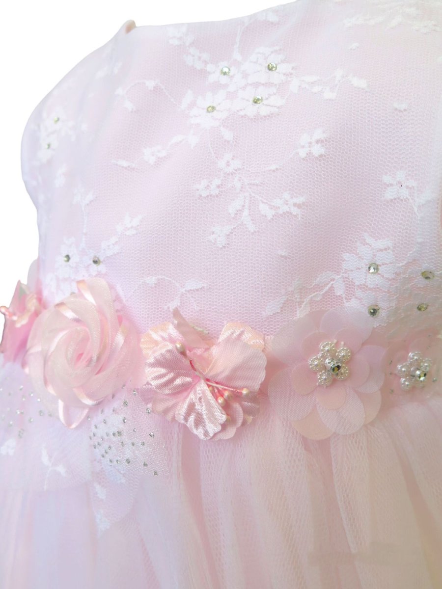 Vestido Bautismo Sin Mangas Tul Con Flores Rosas