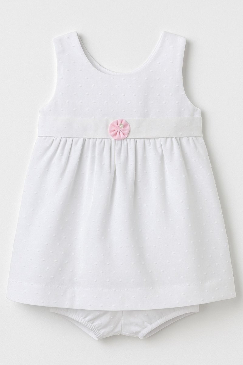 Vestido Nena Plumeti Con Flor Rosa Y Bombacha