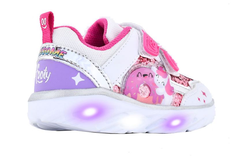 Zapatilla Con Glitter Unicornio y Dona - Doble Velcro - Luz Al Pisar y Boton On/OFF