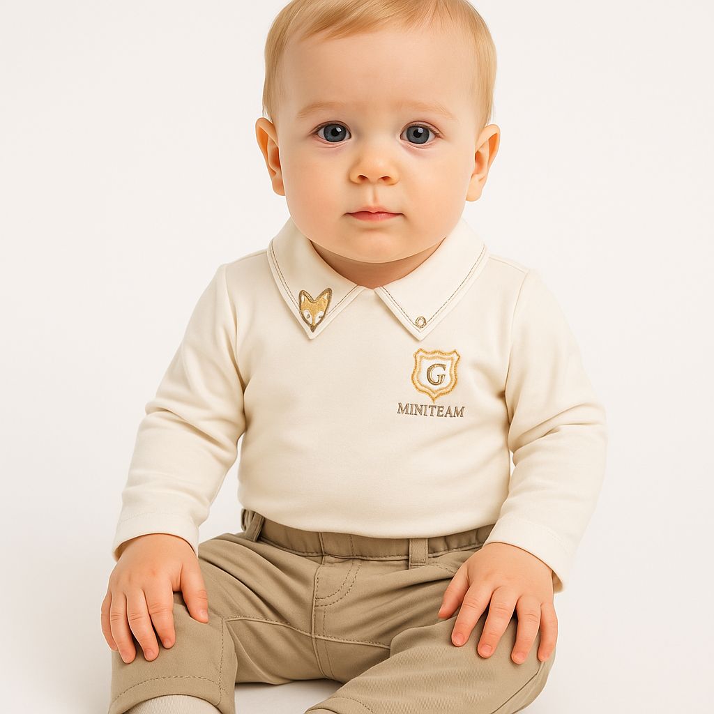 Conjunto Algodon Body Manga Larga y Pantalon De Gabardina Bordado de Zorrito