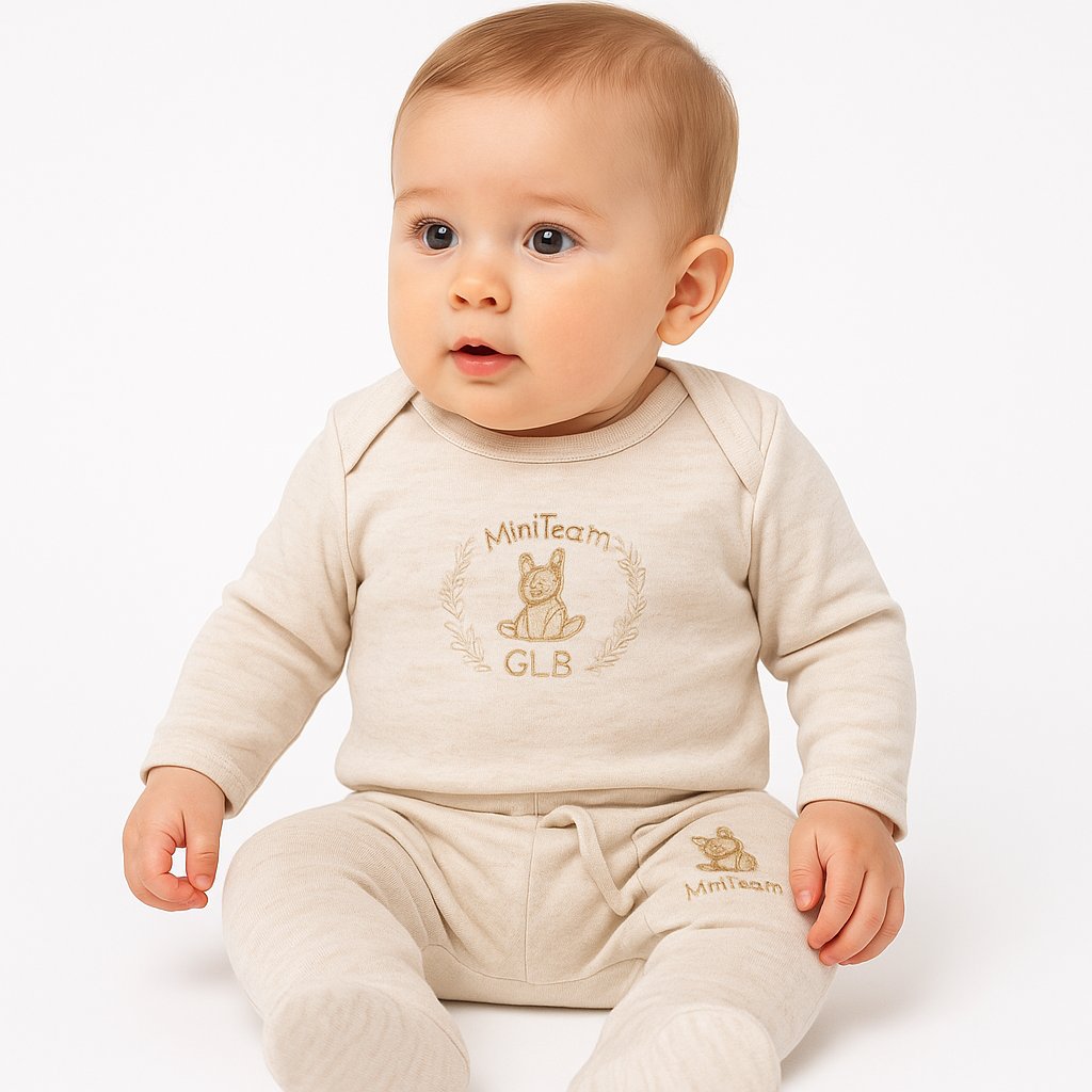 Conjunto Algodon Body Manga Larga y Pantalon Con Pie Bordado De Conejo