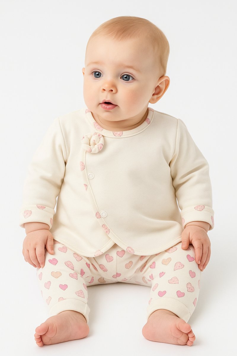 Conjunto Algodon Reversible Campera y Pantalon Sin Pie Estampado de Corazones o Flores