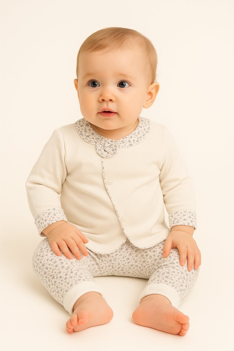 Conjunto Algodon Reversible Campera y Pantalon Sin Pie Estampado de Corazones o Flores