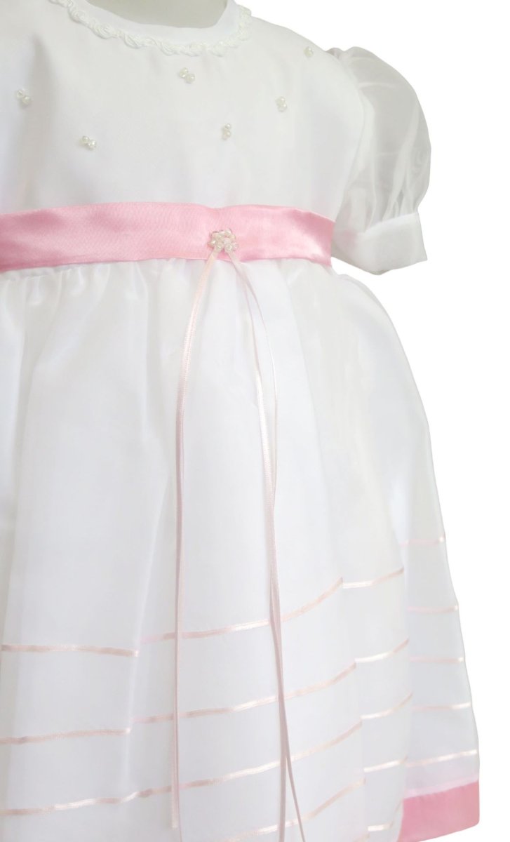 Vestido Bautismo manga corta en gasa con faja y borde de falda en razo