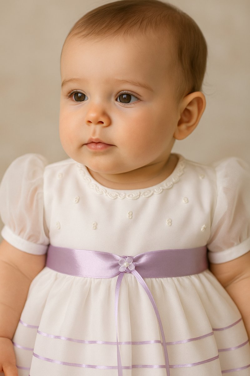 Vestido Bautismo manga corta en gasa con faja y borde de falda en razo