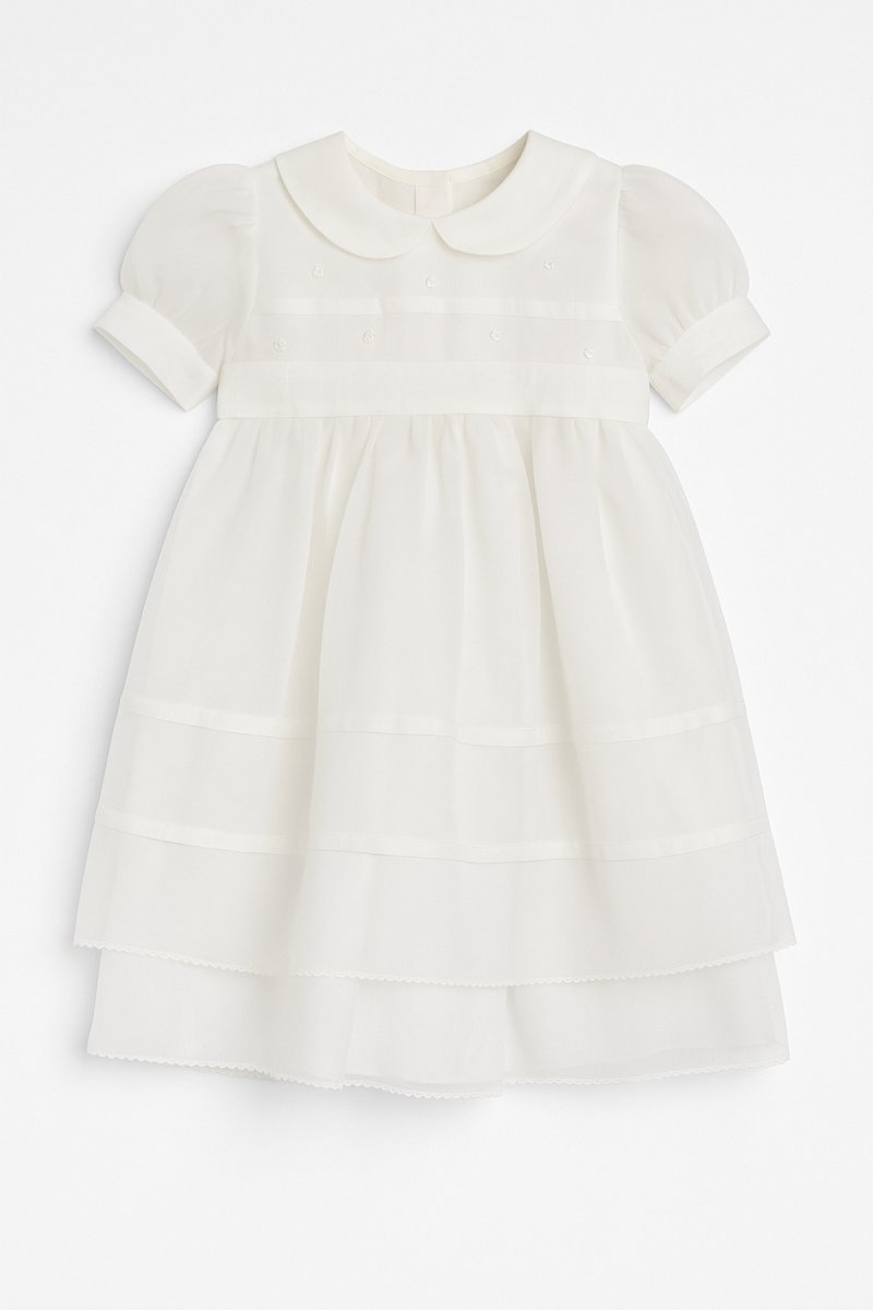 Vestido bautismo de gasa y pechera con razo y perlas Manga corta