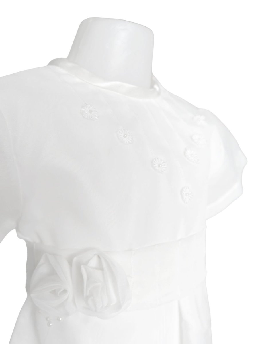 Vestido bautismo de gasa con alforza flores y cintra con flores Manga corta