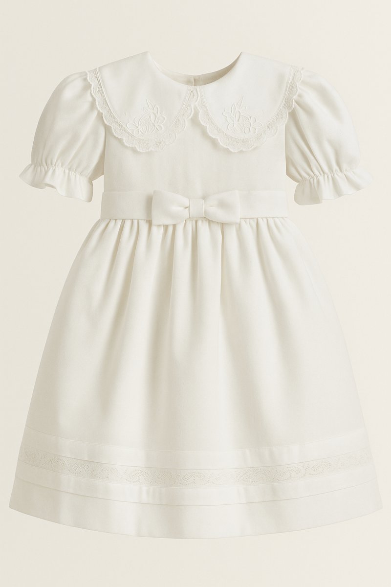 Vestido de Bautismo seda labrada con cuello bordado mangas largas