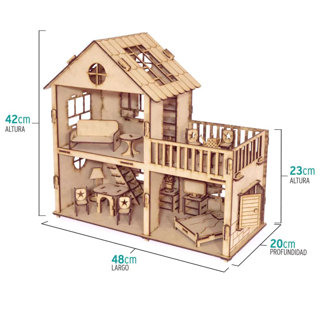 Casa de Muñecas en Madera MDF - Incluye 30 Mueblecitos - Montessori