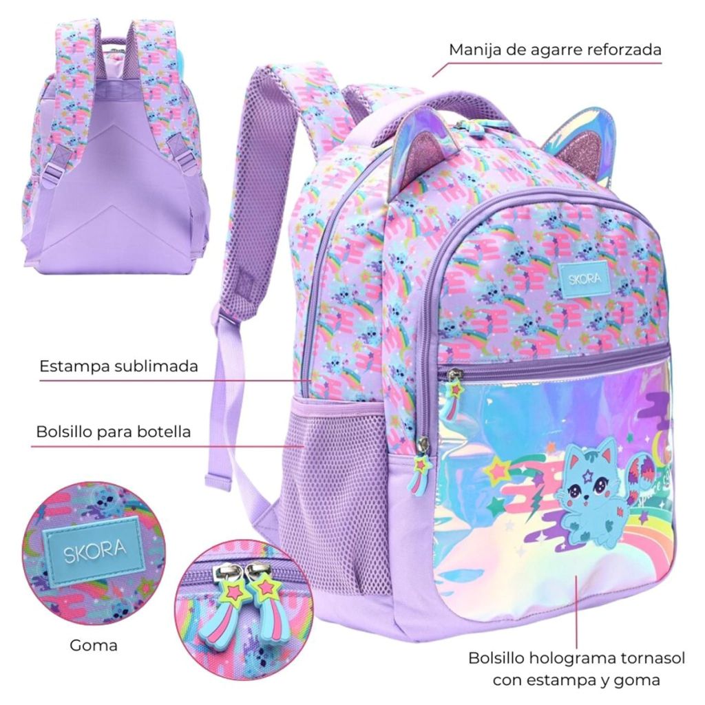 Mochila Espalda Escolar Holográfica Gatito - 17 Pulgadas