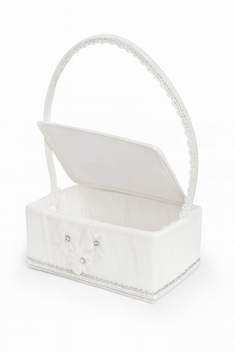 Canasta Comunion Rectangular De Tull Con Tapa Y Apliques De Flores