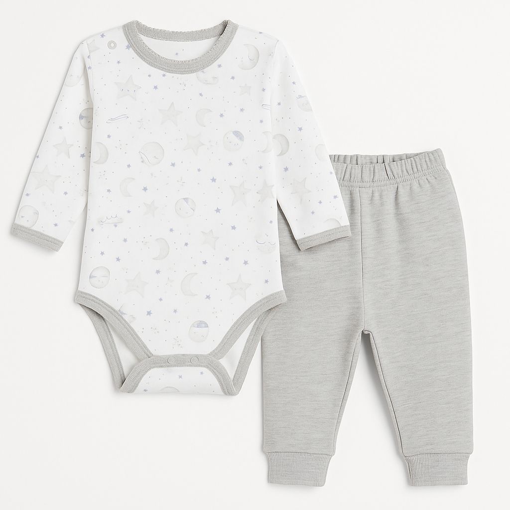 Conjunto Algodon Medio Osito Sin Pie Body M/L Estampada Estrellas y planetas