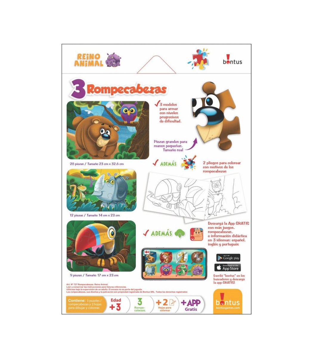 Puzzle Reino Animal 3 En 1: 9, 12 Y 28 Piezas - Rompecabezas