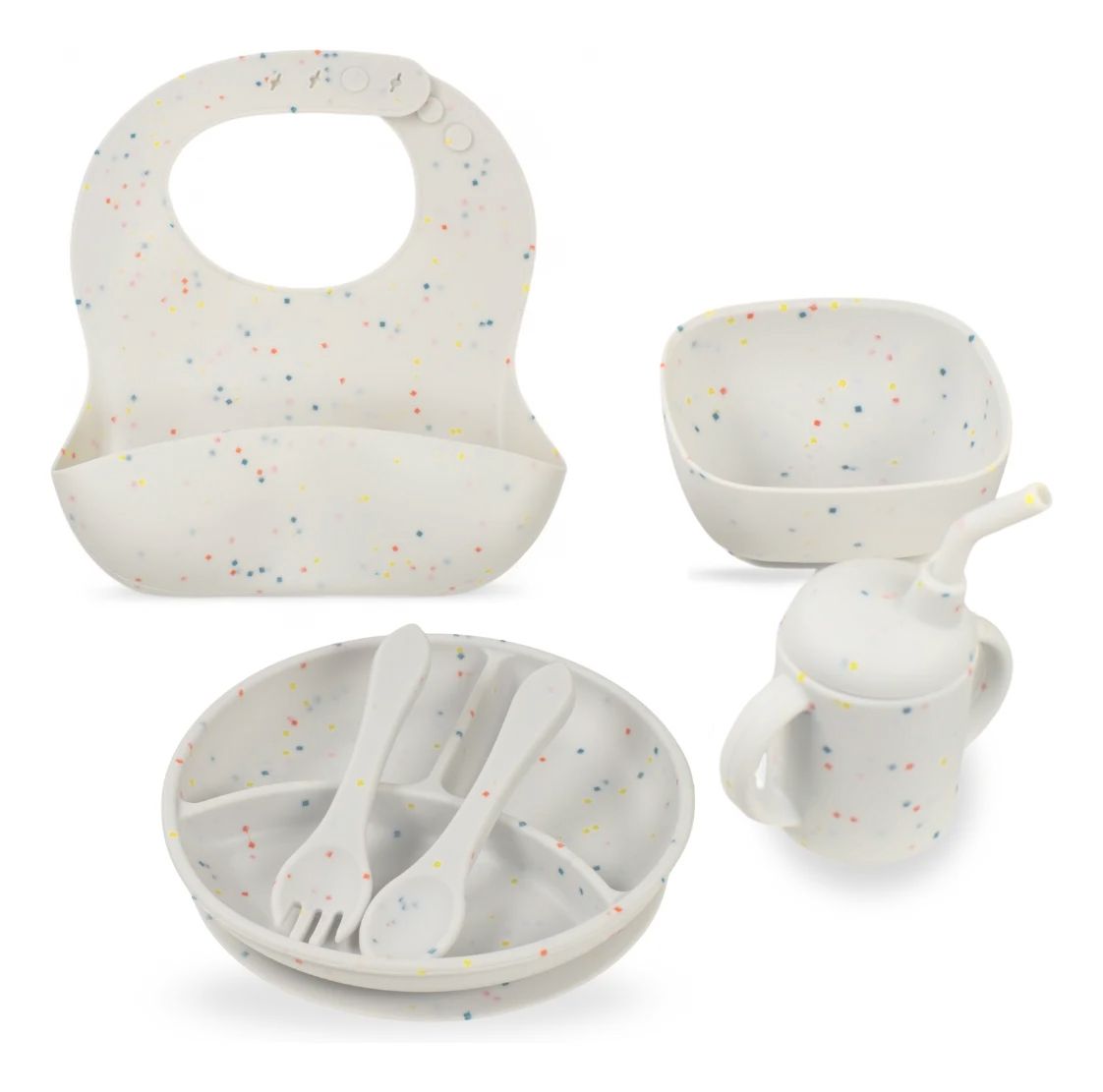 Set De Alimentacion De Silicona - Plato Divisorio Con Sopapa, Bowl Con Sopapa, Vaso Con Sorbete, Babero, Tenedor Y Cuchara