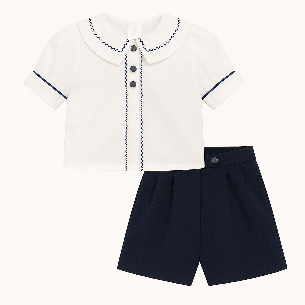 Conjunto Bautismo Short y Camisa Bordada Manga Corta