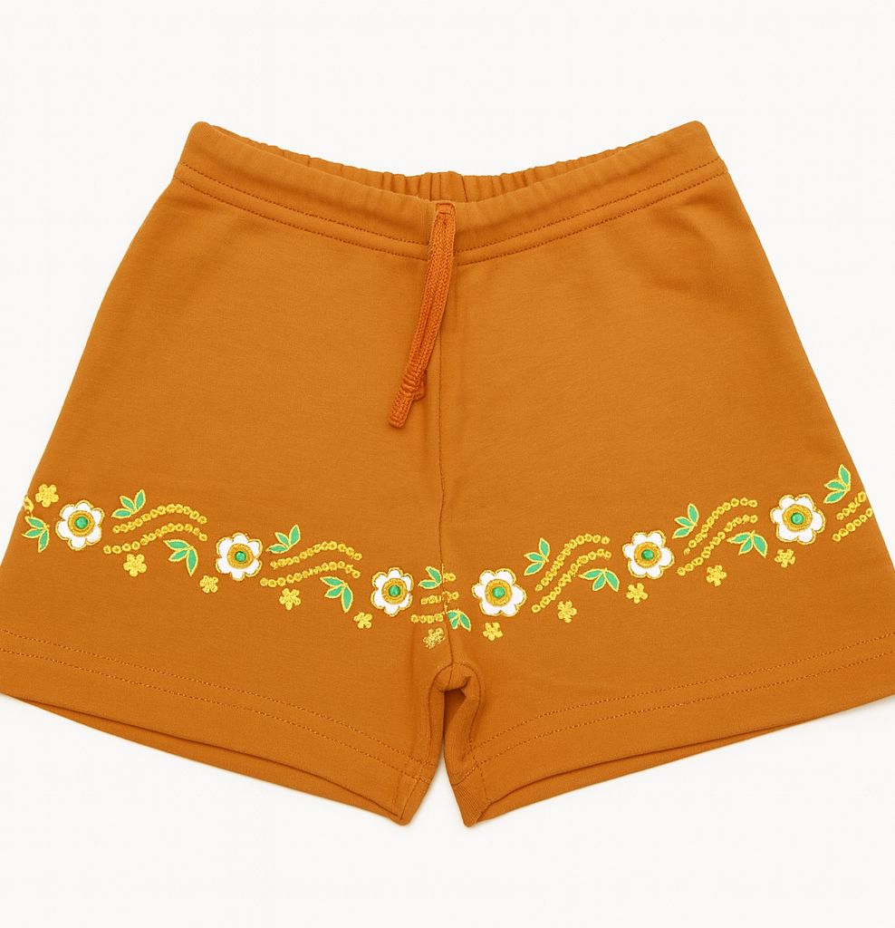 Short  Algodon Rustico Con Cintura Regulable Con Detalles En Flores