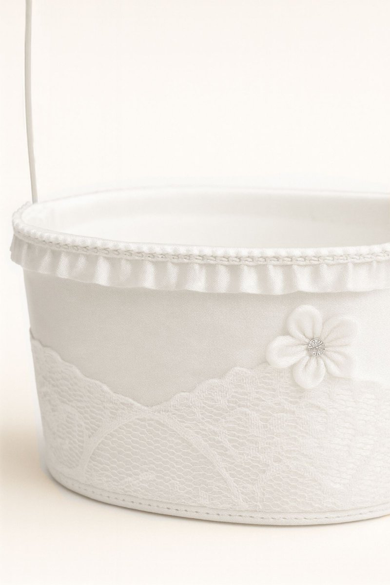 Canasta Comunion De Tull En Forma Circular Con Tapa Y Apliques De Flores