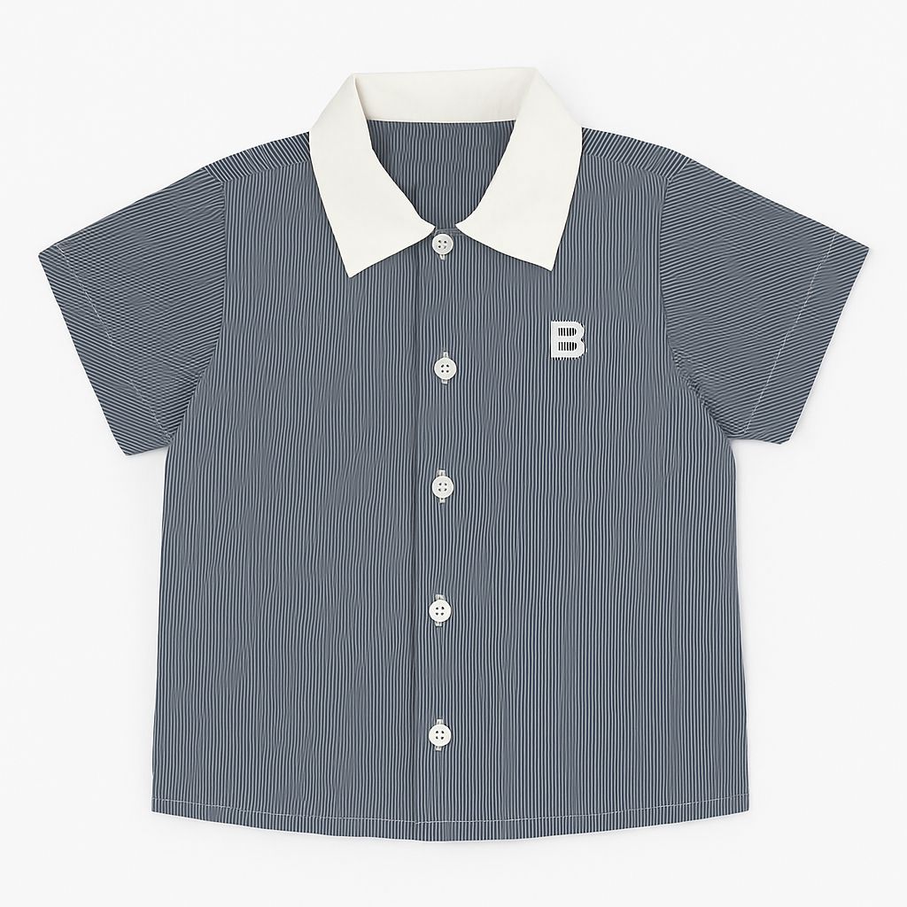 Camisa Manga Corta Rayada con Cuello Combinado Liso