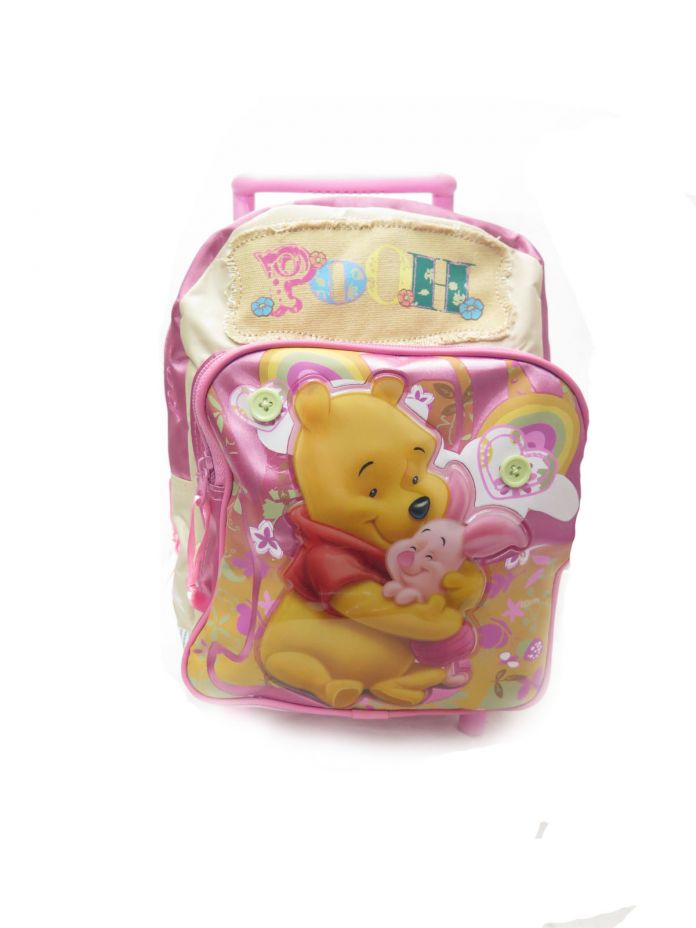 Mochila Pooh con carro jardin. Pooh bordado. Foto de pooh y sus amigos en vinilico relieve.