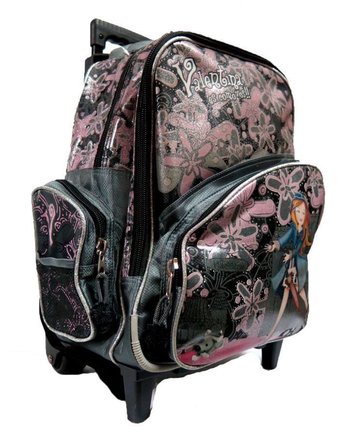 Mochila de Valentina con carro brillitos. Valentina con paraguas en bolsillo inferior