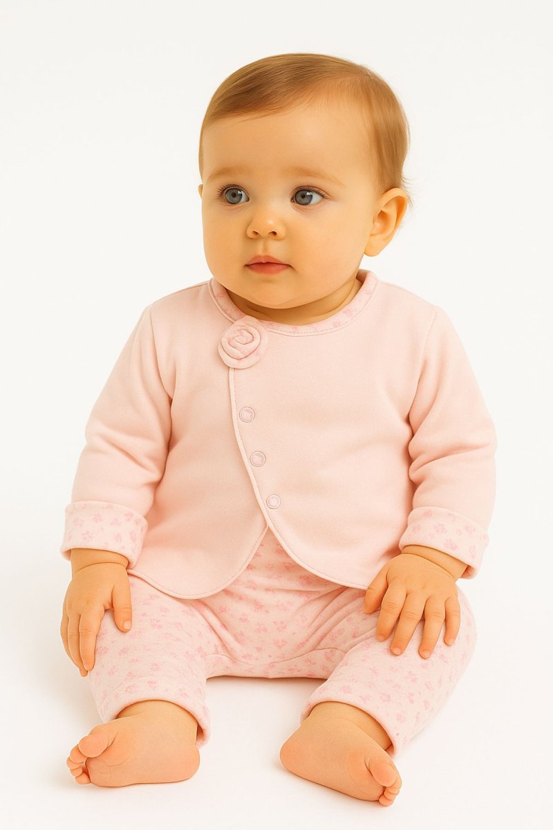 Conjunto Algodon Reversible Campera y Pantalon Sin Pie Estampado de Corazones o Flores