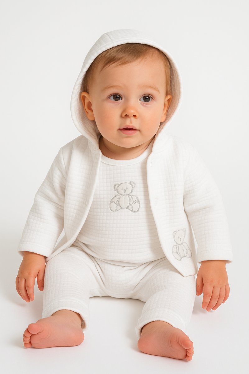 Conjunto Algodon Jardinero Bordado En Osito y Campera  Matelase