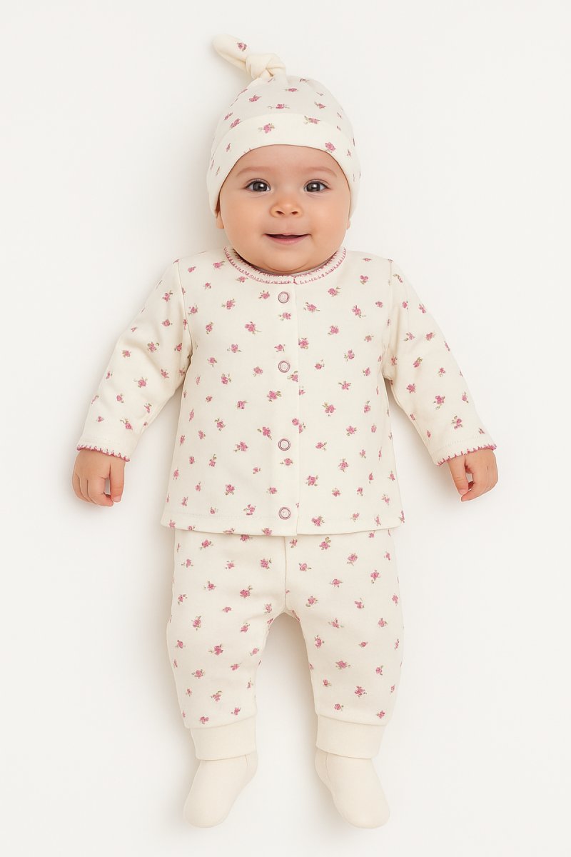 Conjunto Algodon Batita Manga Larga Con Pantalon Sin Pie y Gorrito Estampado