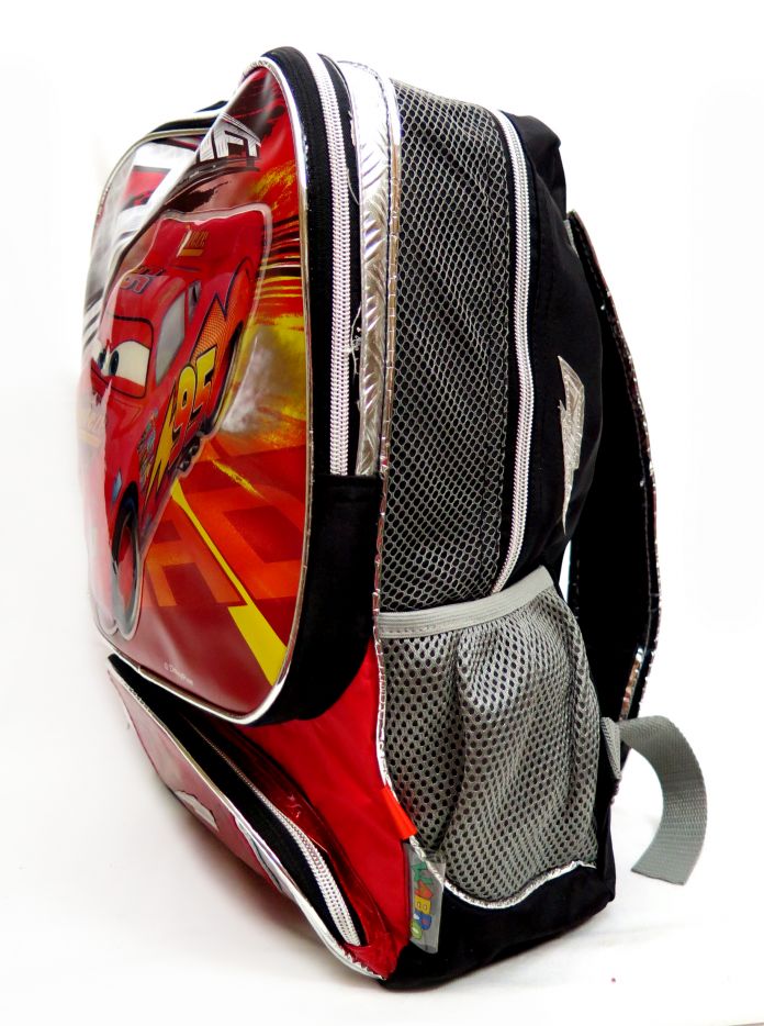 mochila cars  grande espalda con rayo mc queen en relieve fondo dice drift borde plateado