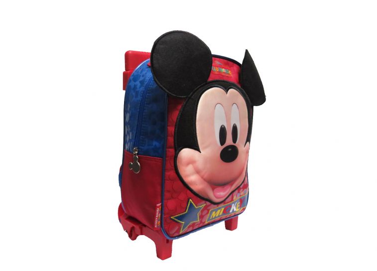 Mochila chica con carro mickey mouse con imagen del personaje al frente en tela brillosa sobresalen las orejas