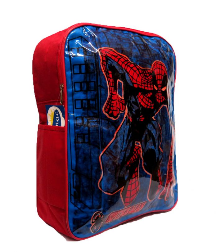 Mochila Spider Man Hombre araña Eco Espalda sin bolsillos dice Spider-Man y una araña abajo a la izquierda fondo azul parte trasera de la mochila es roja Forma cuadrada