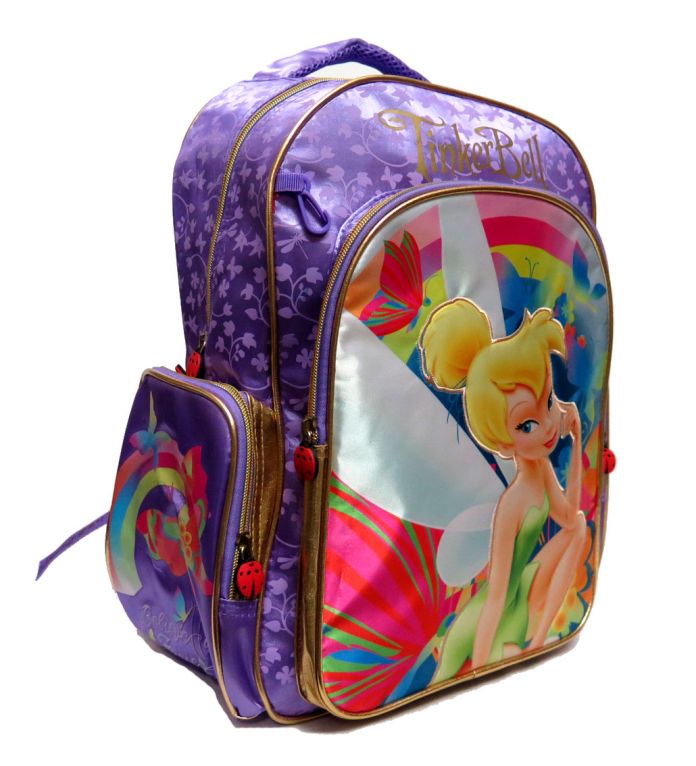 mochila Espalda Campanita Tinker Bell bordes dorados 2 bolsillos laterales