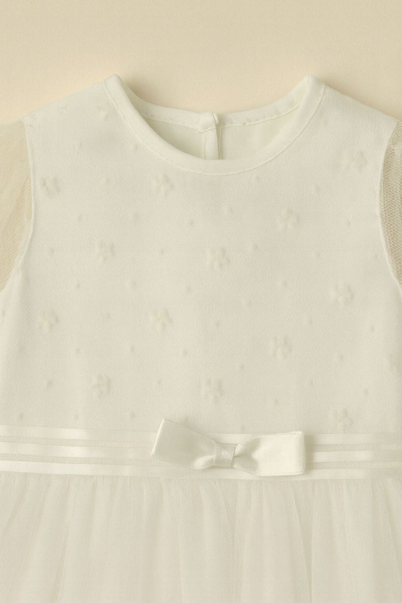 Vestido de Bautismo Tul Bordado manga corta con lazo