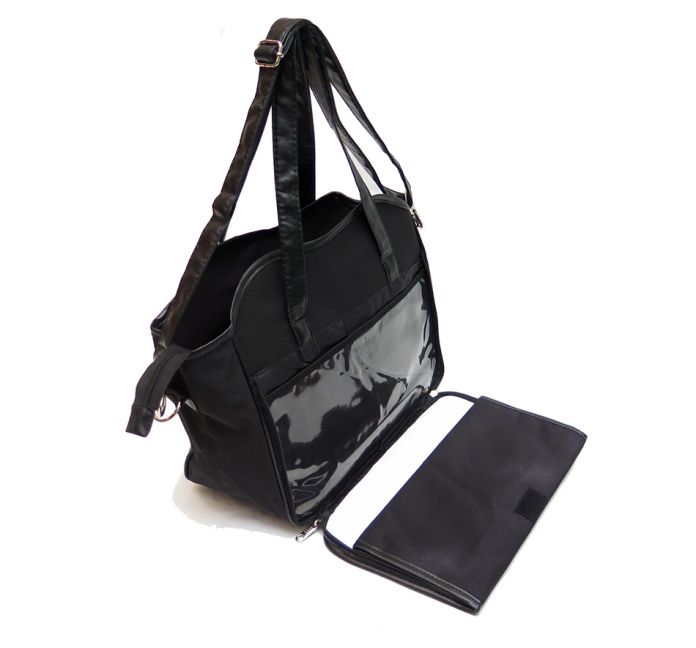 bolso cambiador COLOR NEGRO Cartera de tela combinado con cuerina y cambiador plegable