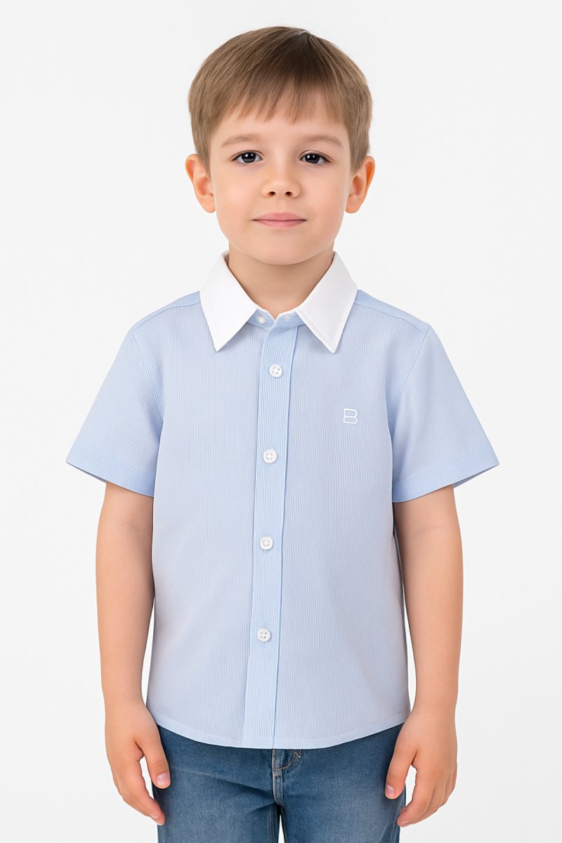 Camisa Manga Corta Rayada con Cuello Combinado Liso