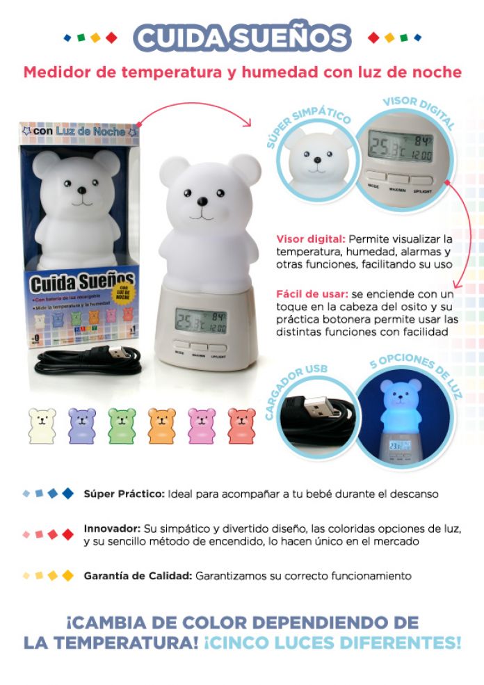 Luz de noche con termómetro e hidrómetro - Cuida Sueños - Oso