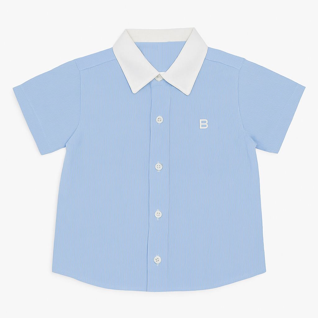 Camisa Manga Corta Rayada con Cuello Combinado Liso