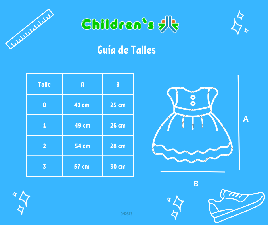 Guia de talles Vestido Bautismo manga corta en gasa con faja y borde de falda en razo