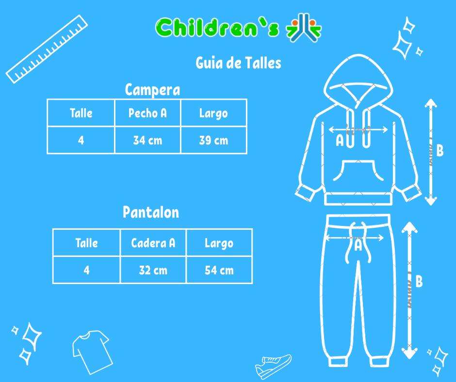 Guia de talles Conjunto Campera y Pantalon Frisa Negro Capucha rayada